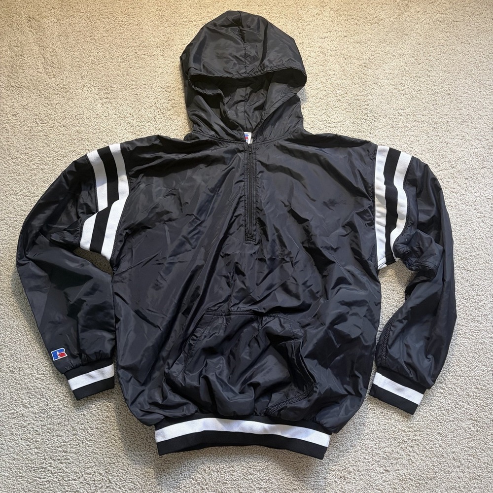 Russell Athletic 1/4 Zip Windbreaker Hood Pullover Large Black Vintage Y2K